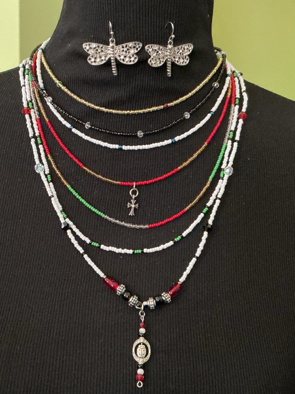 8 Piece Set Layered Beaded Multi-Color Necklace Set with Dragonfly Earrings